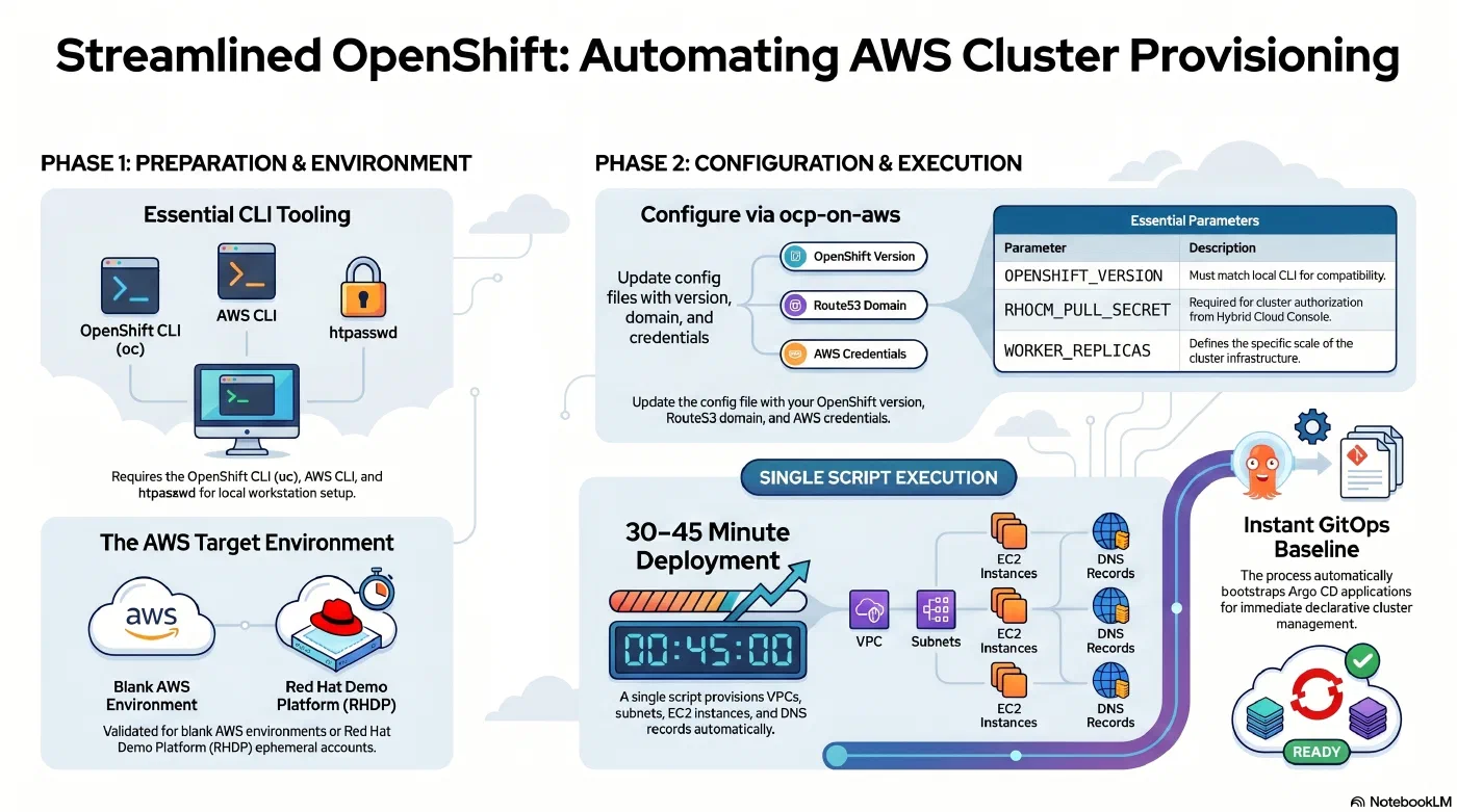 The full provisioning pipeline: CLI setup, ocp-on-aws config, and a single script that spins up VPCs, EC2 instances, DNS records, and an Argo CD baseline - AI generated The full provisioning pipeline: CLI setup, ocp-on-aws config, and a single script that spins up VPCs, EC2 instances, DNS records, and an Argo CD baseline - AI generated