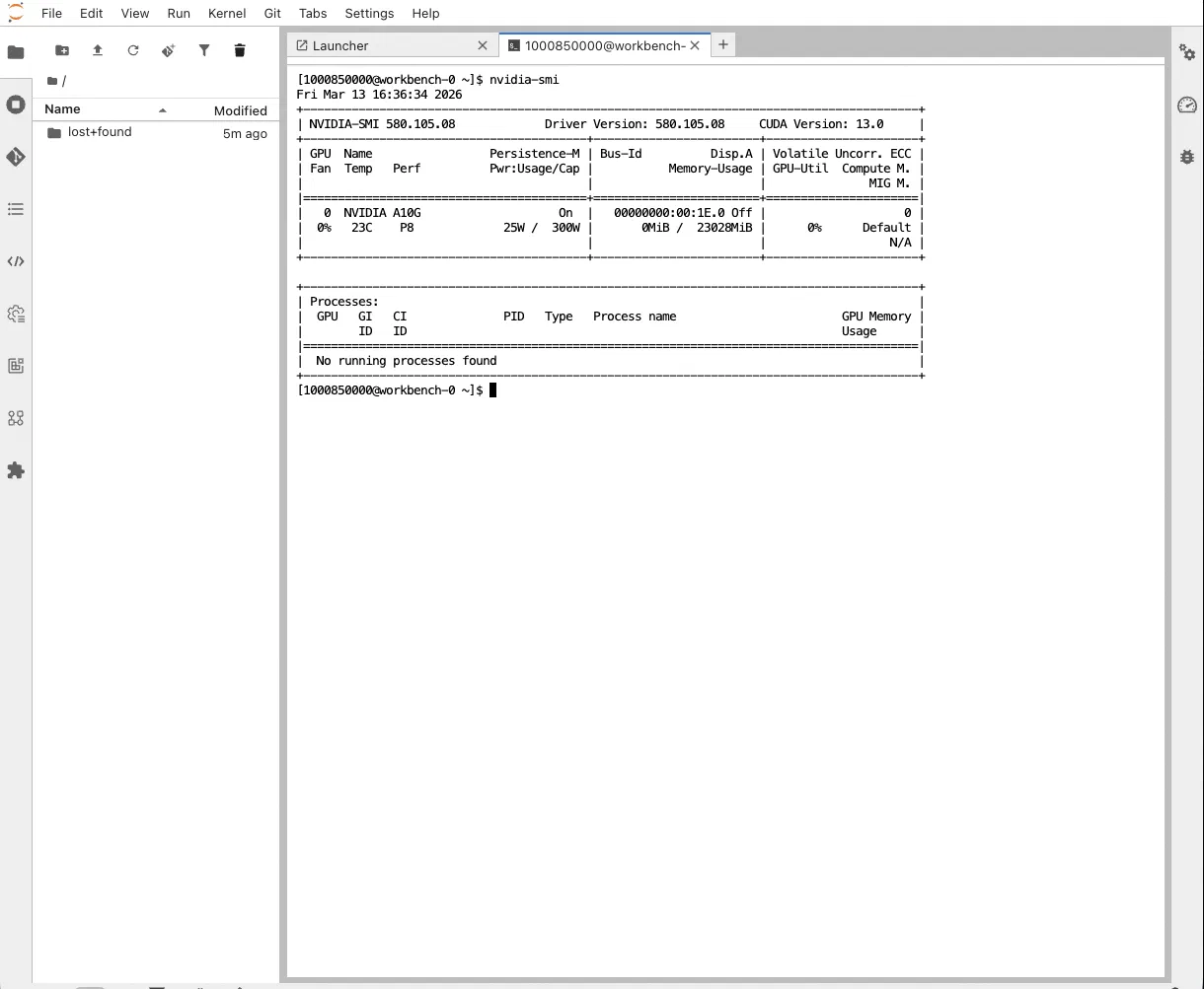 nvidia-smi output from inside an OpenShift AI workbench, confirming direct access to the NVIDIA A10G GPU
