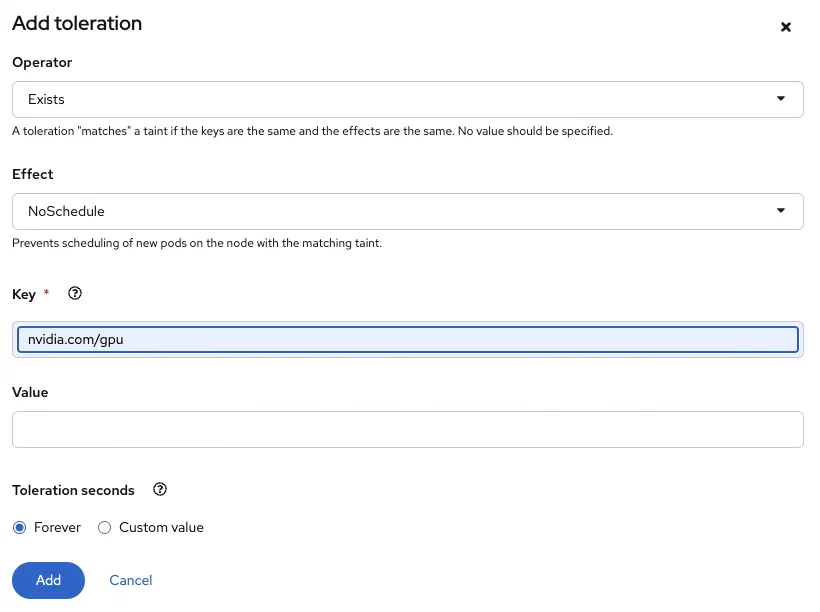 Configuring a toleration for the NVIDIA GPU taint in the Hardware Profile