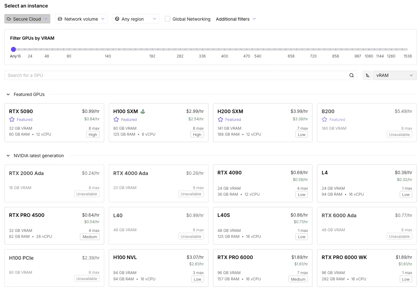 GPU selection on RunPod, ranging from RTX 2000 Ada class cards to H200 and B200 datacenter accelerators