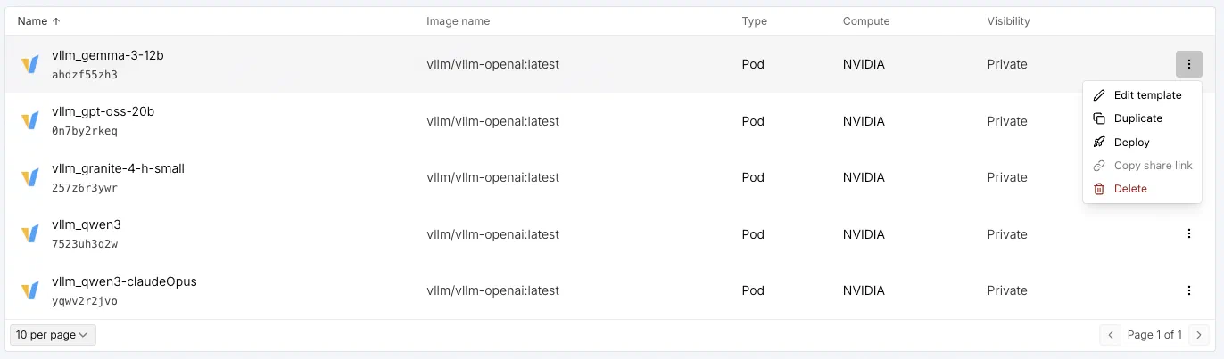A selection of saved vLLM templates on RunPod, each using to a different model from Hugging Face