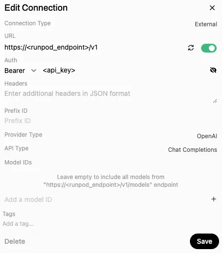 Adding the RunPod vLLM endpoint as an external OpenAI-compatible connection in Open WebUI