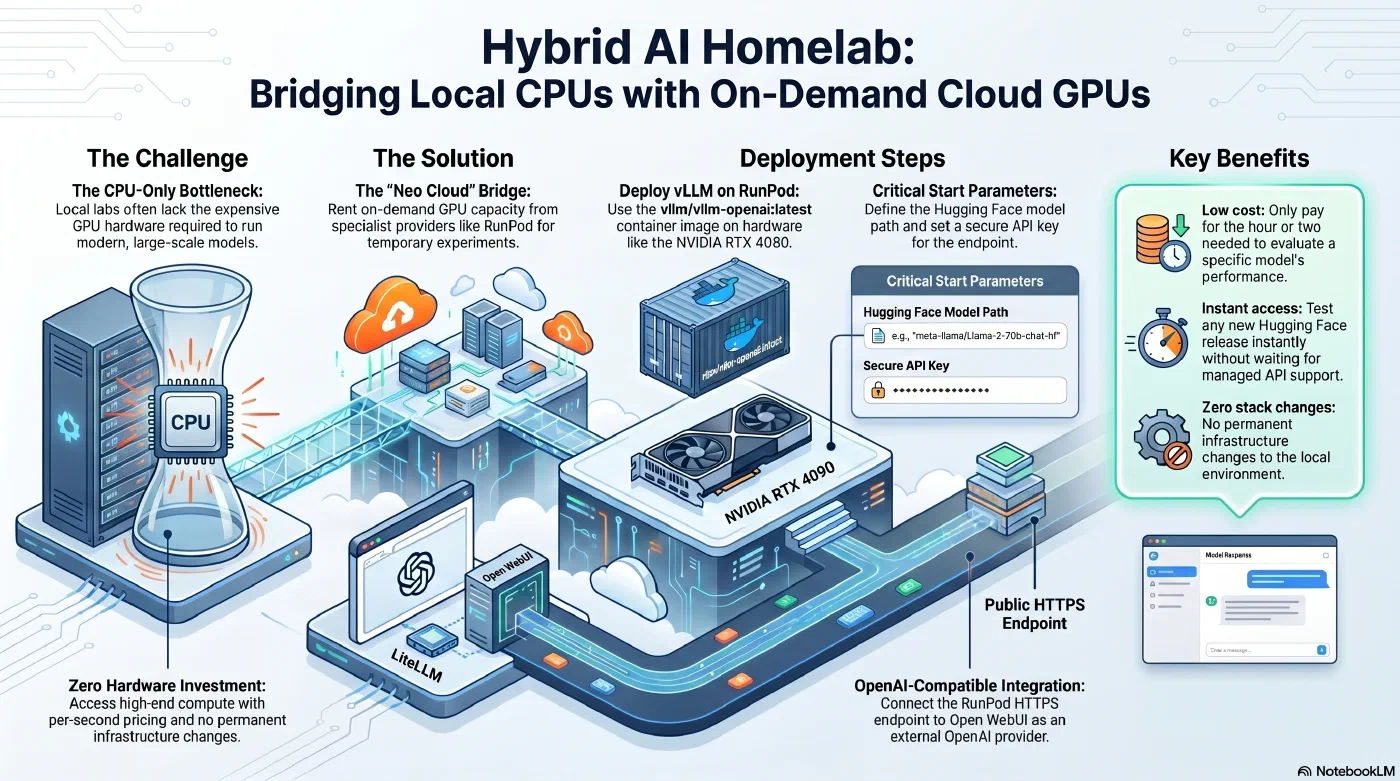 Conceptual illustration of the extended AI stack with elastic cloud GPU resources for running large language models on demand - AI generated