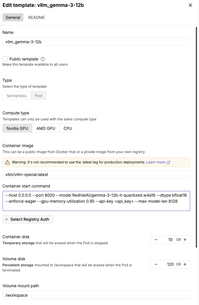 Template configuration for the vllm_gemma-3-12b template, showing the container image and start command