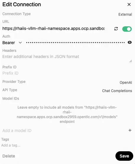 Open WebUI external connection configured against the Red Hat AI Inference Server endpoint Open WebUI external connection configured against the Red Hat AI Inference Server endpoint