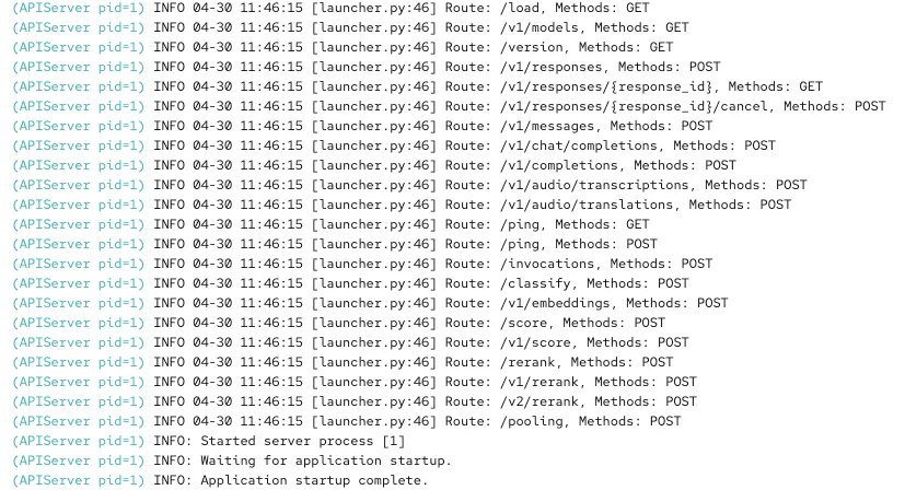 vLLM server log output on startup, showing all registered API routes and the final Application startup complete confirmation vLLM server log output on startup, showing all registered API routes and the final Application startup complete confirmation