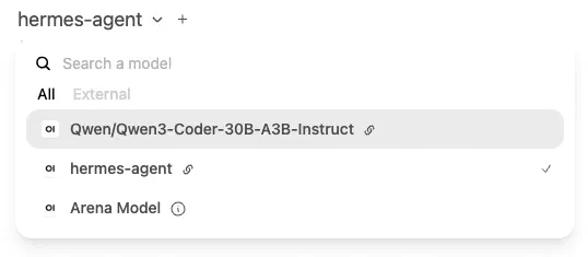 Hermes agent is available in the Open WebUI interface alongside the model served by RHAIIS
