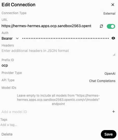 Open WebUI external connection configured against the Hermes Agent endpoint