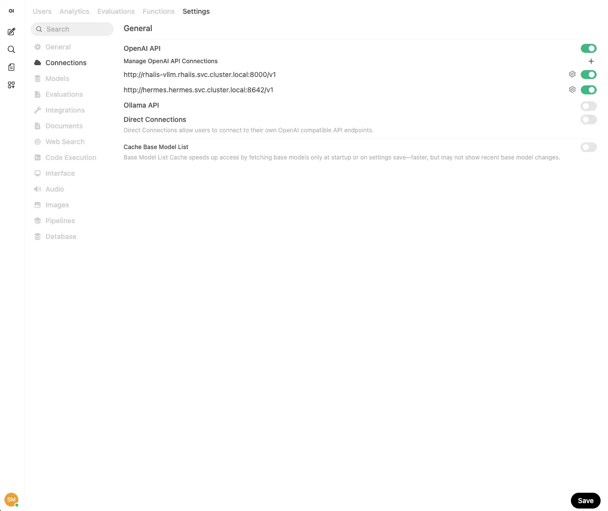 Open WebUI Settings > Connections panel showing both the RHAIIS and Hermes Agent connections active Open WebUI Settings > Connections panel showing both the RHAIIS and Hermes Agent connections active
