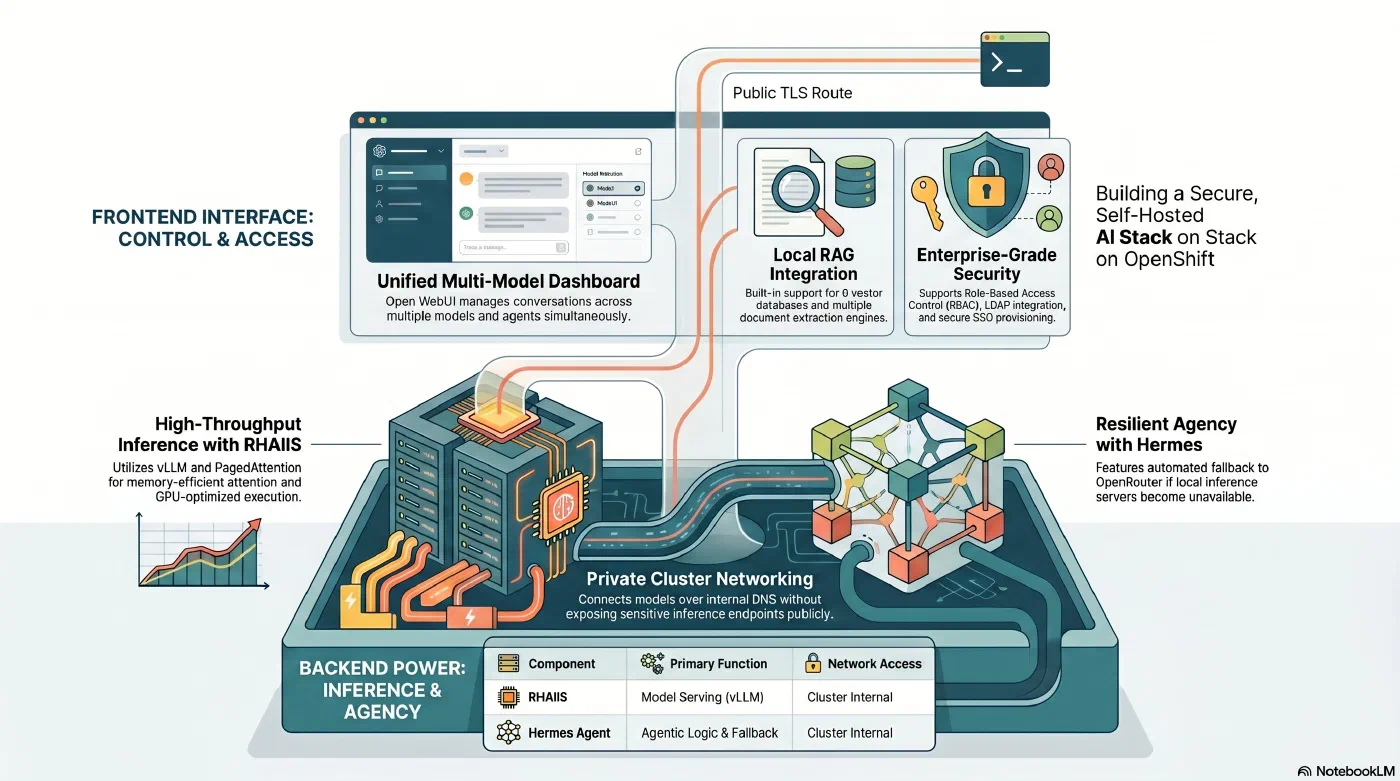 Open WebUI on OpenShift, connected to RHAIIS and Hermes Agent over the cluster-internal service network — AI generated Open WebUI on OpenShift, connected to RHAIIS and Hermes Agent over the cluster-internal service network — AI generated