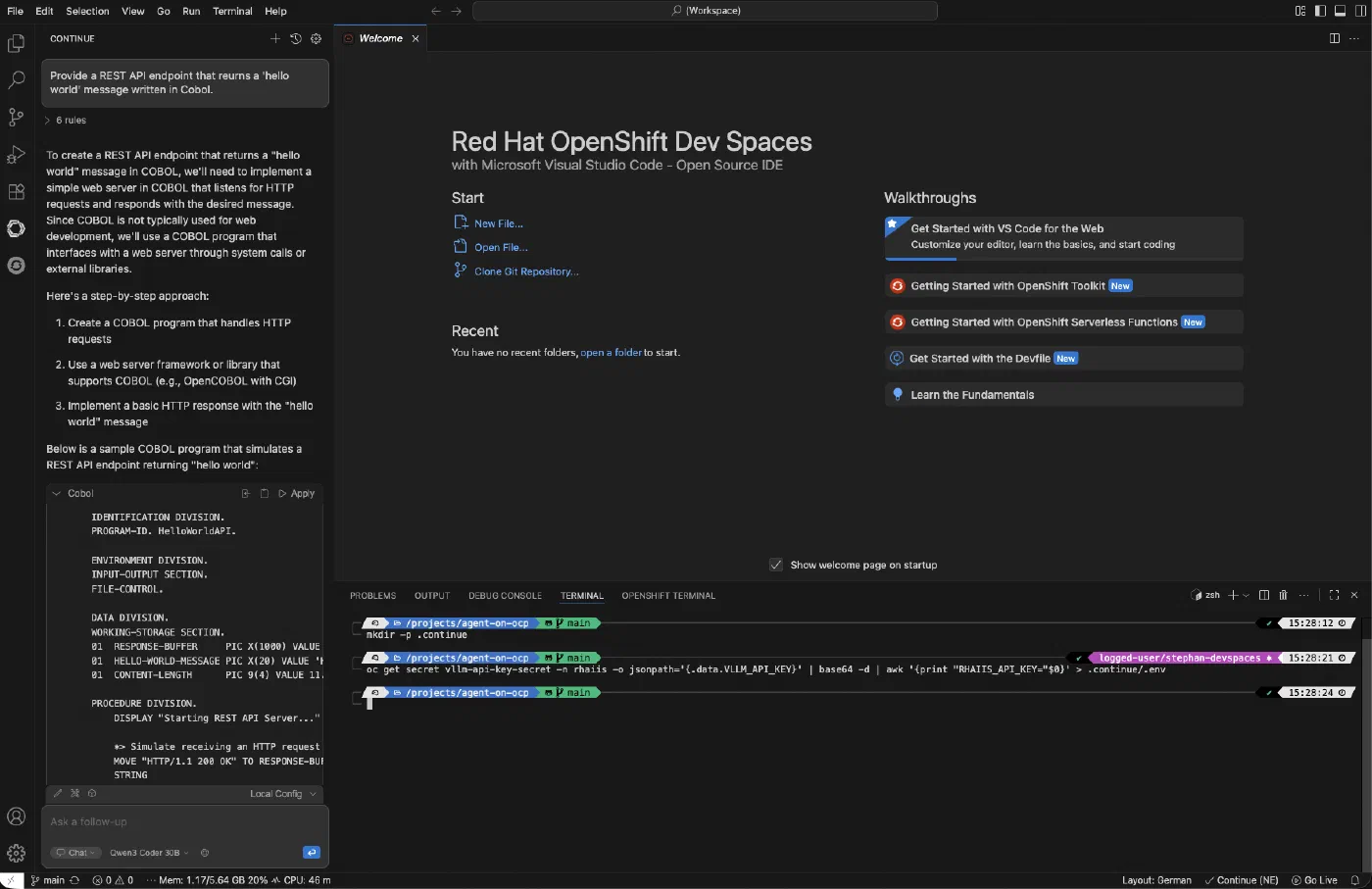 Continue extension running inside OpenShift Dev Spaces, using a model served by RHAIIS to answer coding questions Continue extension running inside OpenShift Dev Spaces, using a model served by RHAIIS to answer coding questions