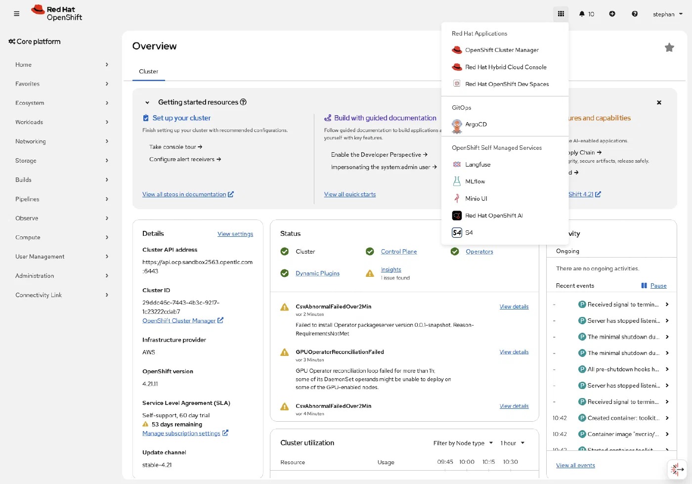 OpenShift web console application launcher with the Red Hat OpenShift Dev Spaces menu entry OpenShift web console application launcher with the Red Hat OpenShift Dev Spaces menu entry