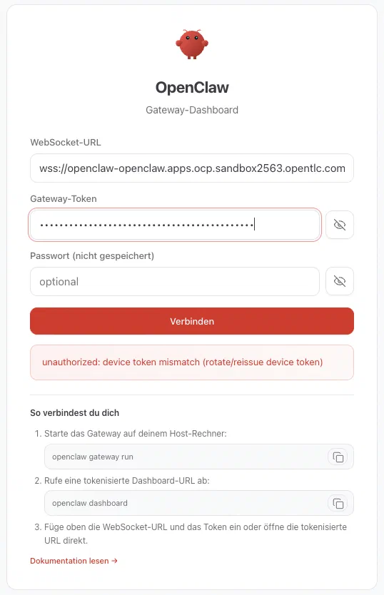 The OpenClaw Gateway-Dashboard after the authentication step, showing the WebSocket connection URL and the Gateway-Token field used to authenticate the browser session The OpenClaw Gateway-Dashboard after the authentication step, showing the WebSocket connection URL and the Gateway-Token field used to authenticate the browser session