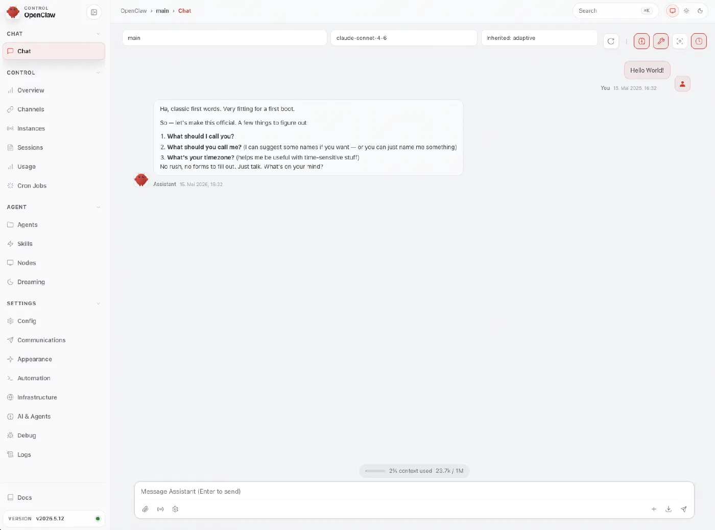 OpenClaw Dashboard running locally, configured to use Anthropic Claude Sonnet model