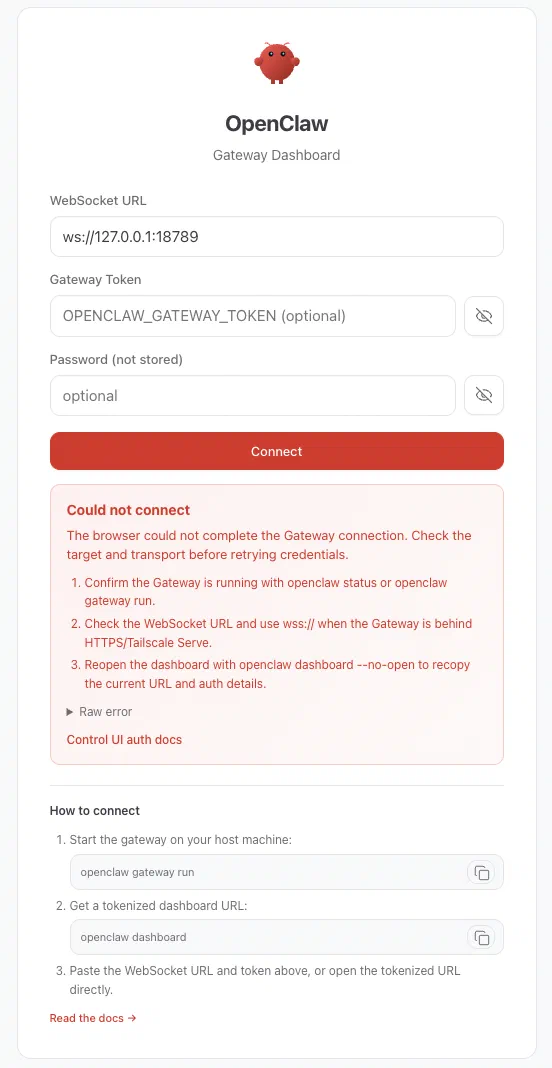 OpenClaw Gateway Dashboard running locally