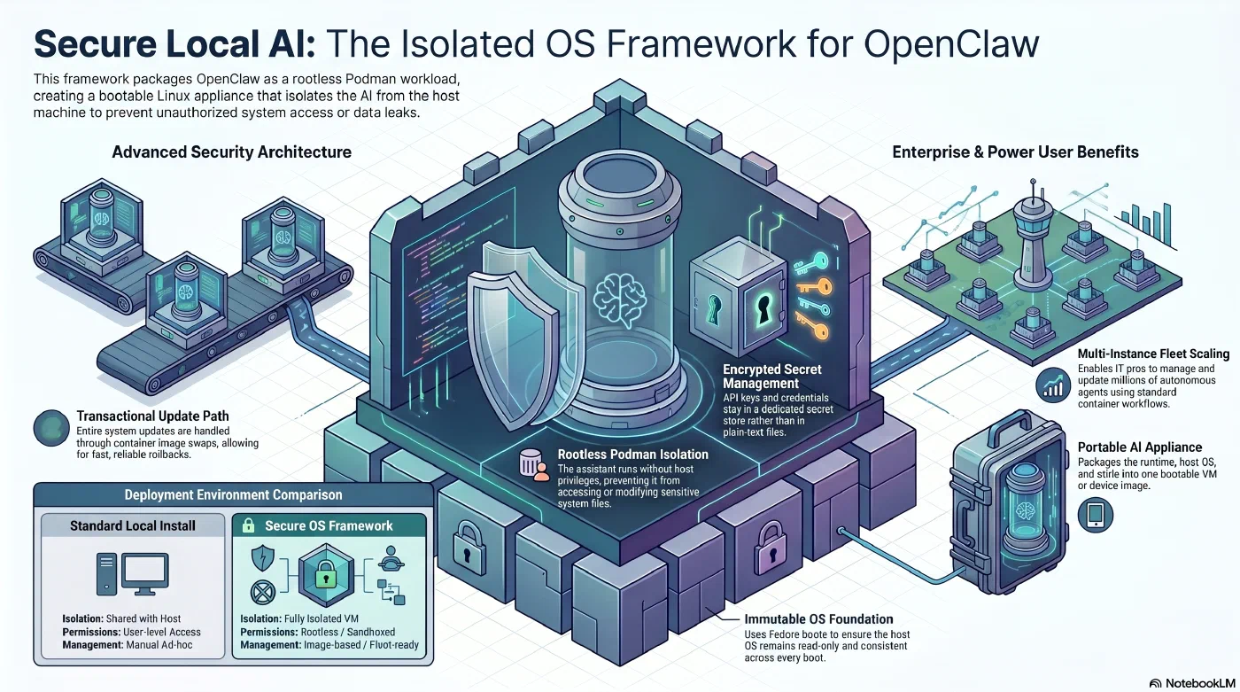 Tank OS packages OpenClaw as a rootless Podman workload inside a Fedora bootc VM - AI generated